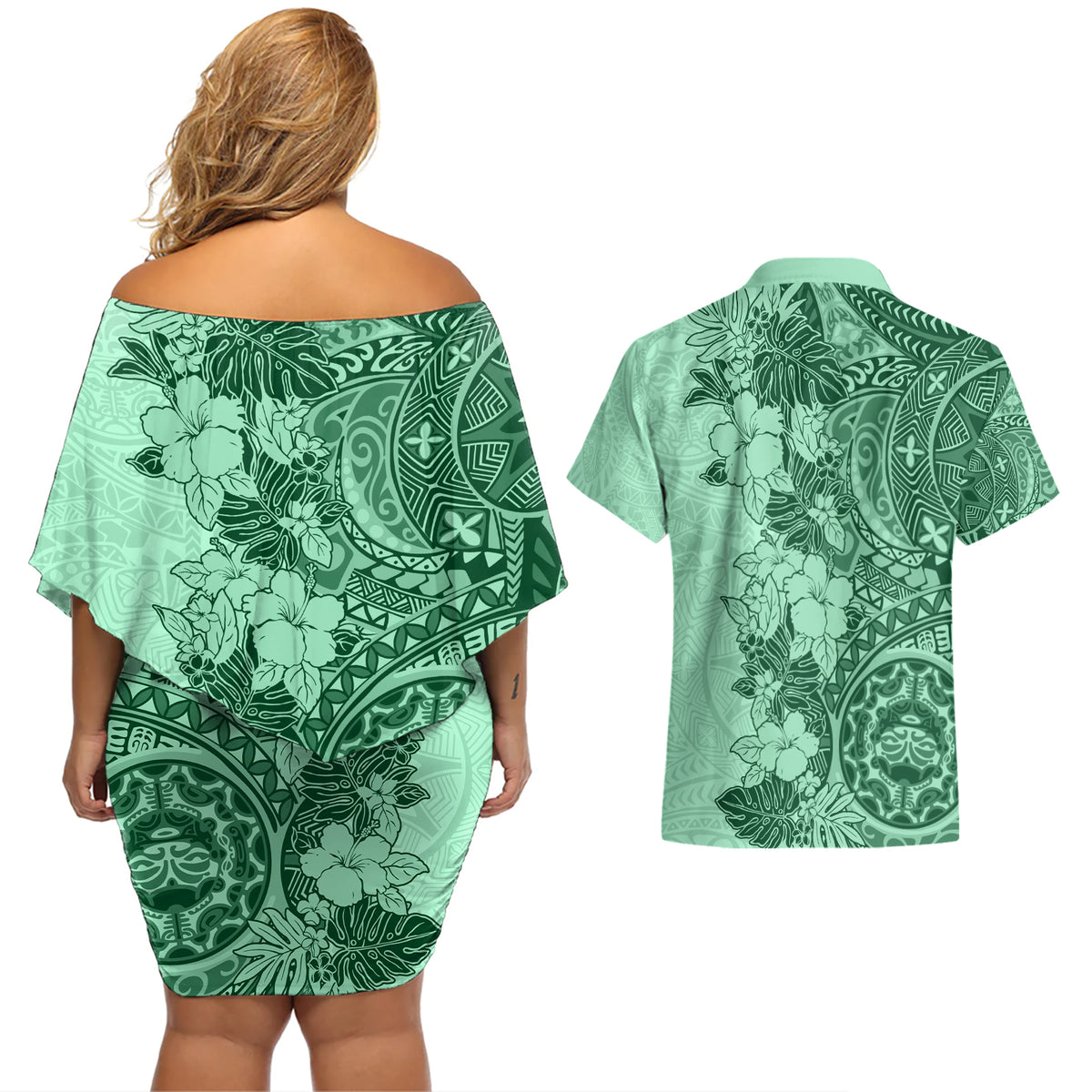 Polynesia Couples Matching Off Shoulder Short Dress and Hawaiian Shirt Hibiscus and Hawaiian Tribal Tattoo Retro Style Green Color LT9 - Wonder Print Shop