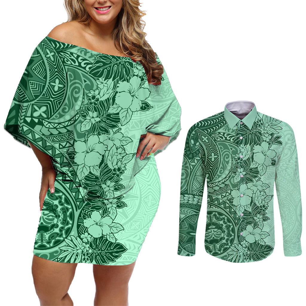 Polynesia Couples Matching Off Shoulder Short Dress and Long Sleeve Button Shirt Hibiscus and Hawaiian Tribal Tattoo Retro Style Green Color LT9 - Wonder Print Shop