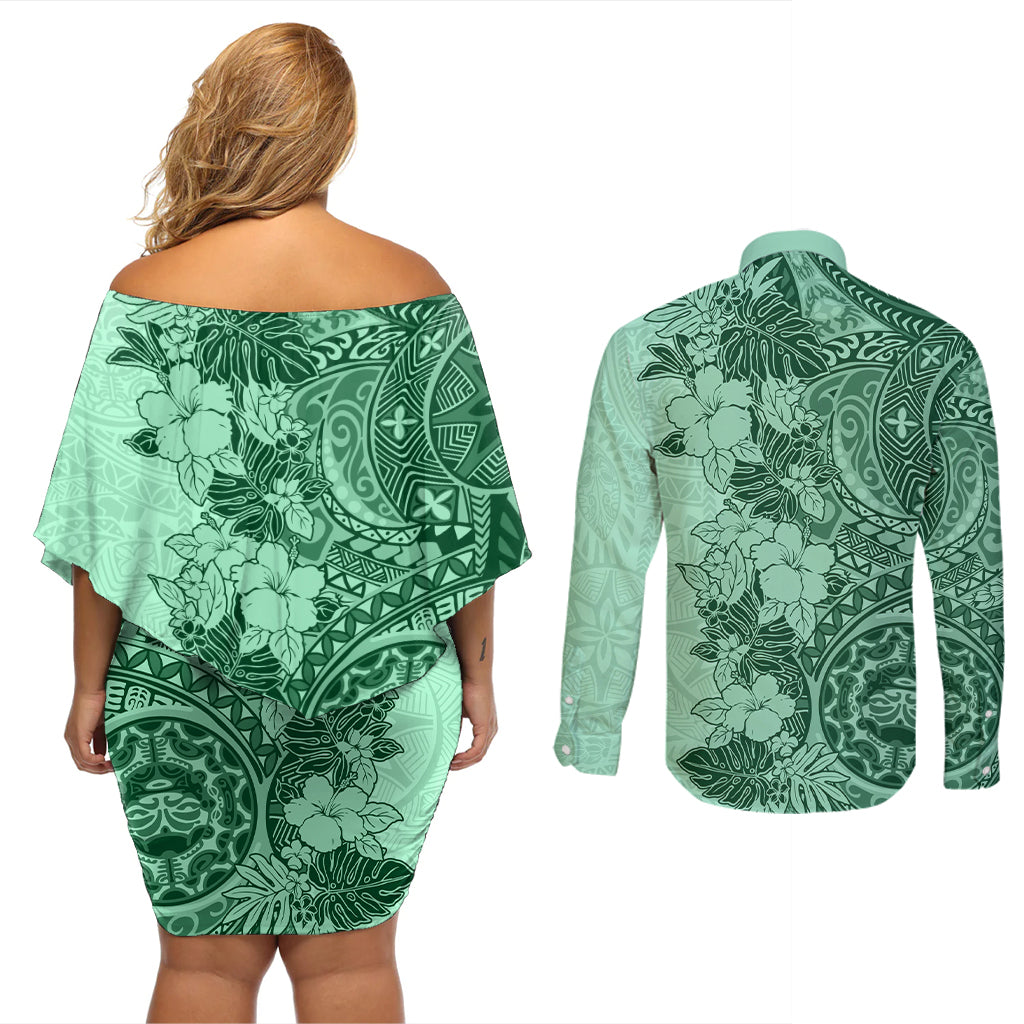 Polynesia Couples Matching Off Shoulder Short Dress and Long Sleeve Button Shirt Hibiscus and Hawaiian Tribal Tattoo Retro Style Green Color LT9 - Wonder Print Shop