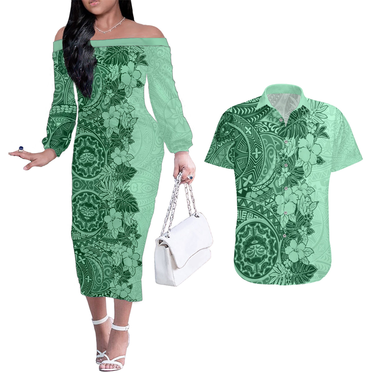 Polynesia Couples Matching Off The Shoulder Long Sleeve Dress and Hawaiian Shirt Hibiscus and Hawaiian Tribal Tattoo Retro Style Green Color LT9 - Wonder Print Shop