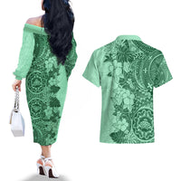 Polynesia Couples Matching Off The Shoulder Long Sleeve Dress and Hawaiian Shirt Hibiscus and Hawaiian Tribal Tattoo Retro Style Green Color LT9 - Wonder Print Shop