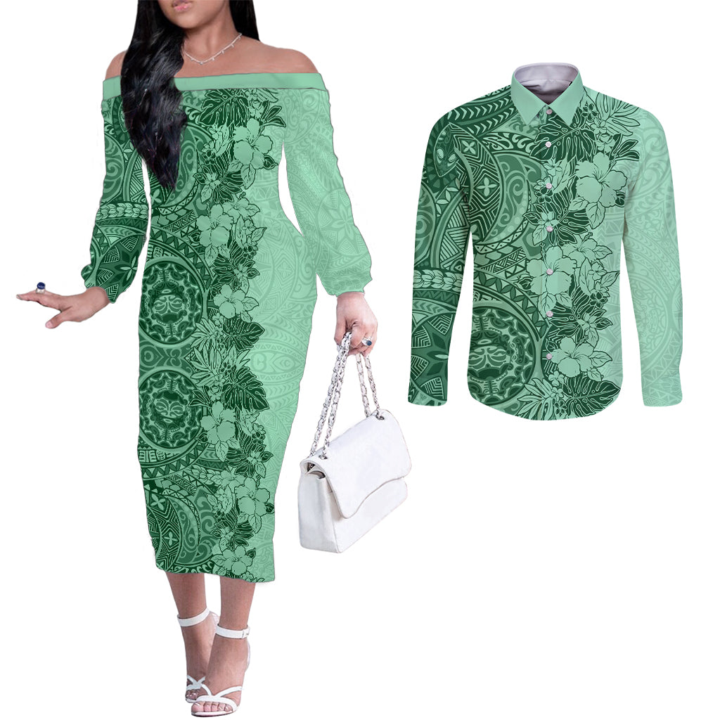 polynesia-couples-matching-off-the-shoulder-long-sleeve-dress-and-long-sleeve-button-shirt-hibiscus-and-hawaiian-tribal-tattoo-retro-style-green-color