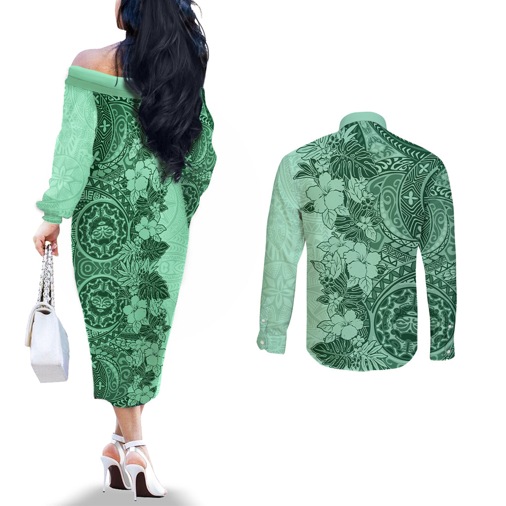polynesia-couples-matching-off-the-shoulder-long-sleeve-dress-and-long-sleeve-button-shirt-hibiscus-and-hawaiian-tribal-tattoo-retro-style-green-color