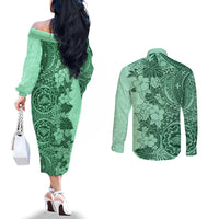 polynesia-couples-matching-off-the-shoulder-long-sleeve-dress-and-long-sleeve-button-shirt-hibiscus-and-hawaiian-tribal-tattoo-retro-style-green-color