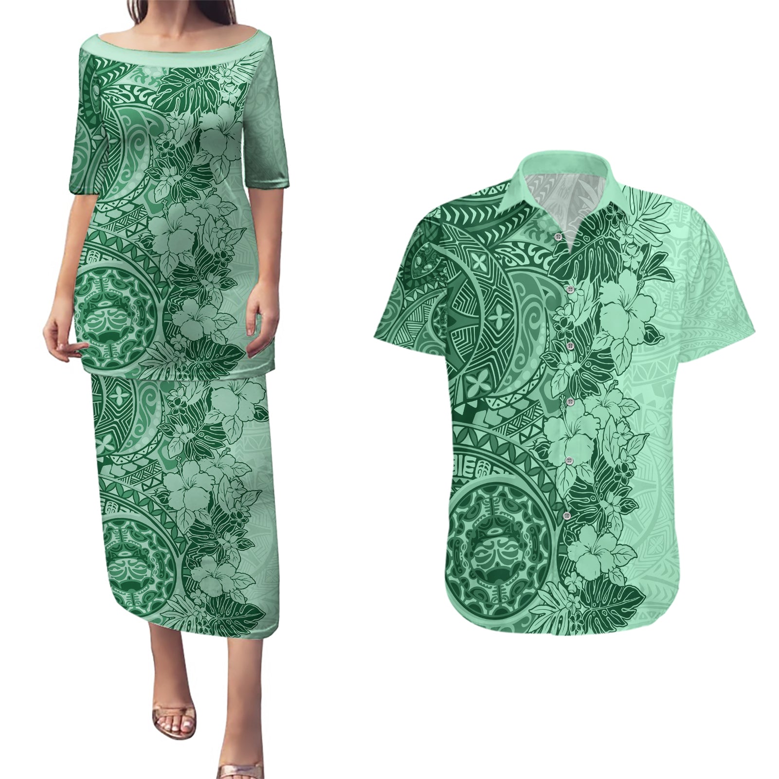 Polynesia Couples Matching Puletasi Dress and Hawaiian Shirt Hibiscus and Hawaiian Tribal Tattoo Retro Style Green Color LT9 - Wonder Print Shop