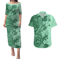Polynesia Couples Matching Puletasi Dress and Hawaiian Shirt Hibiscus and Hawaiian Tribal Tattoo Retro Style Green Color LT9 - Wonder Print Shop