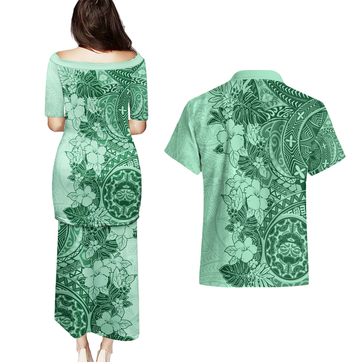Polynesia Couples Matching Puletasi Dress and Hawaiian Shirt Hibiscus and Hawaiian Tribal Tattoo Retro Style Green Color LT9 - Wonder Print Shop