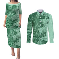 Polynesia Couples Matching Puletasi Dress and Long Sleeve Button Shirt Hibiscus and Hawaiian Tribal Tattoo Retro Style Green Color LT9 - Wonder Print Shop