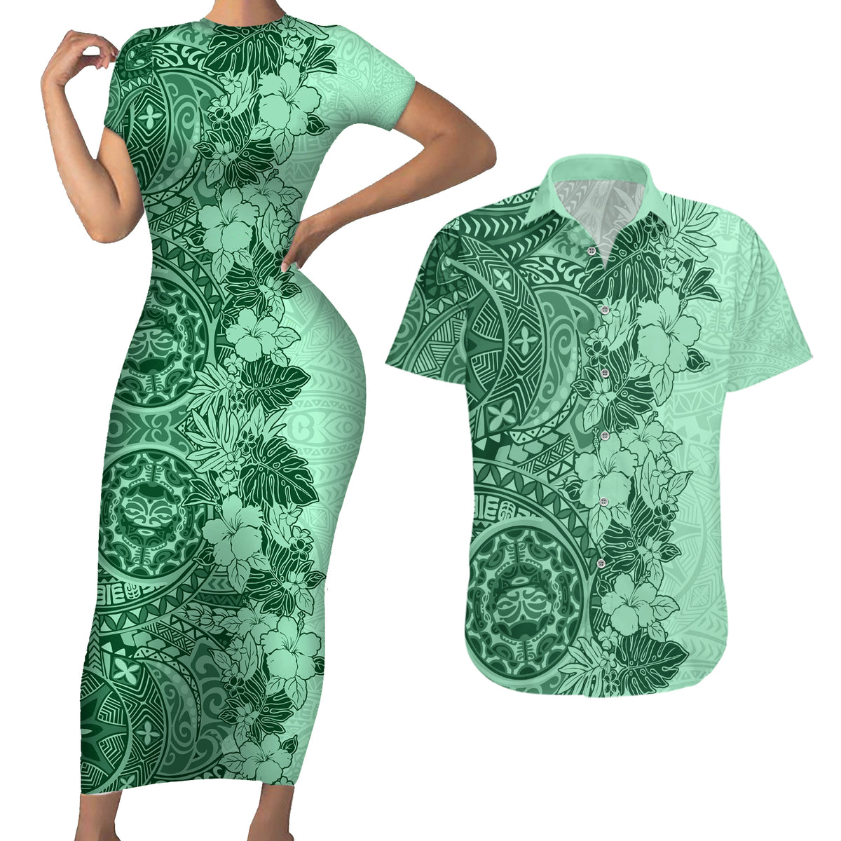 Polynesia Couples Matching Short Sleeve Bodycon Dress and Hawaiian Shirt Hibiscus and Hawaiian Tribal Tattoo Retro Style Green Color LT9 - Wonder Print Shop