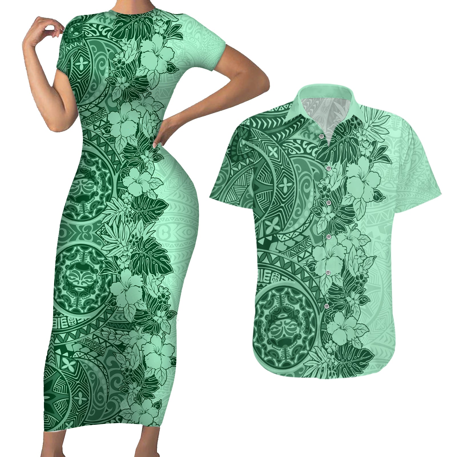 Polynesia Couples Matching Short Sleeve Bodycon Dress and Hawaiian Shirt Hibiscus and Hawaiian Tribal Tattoo Retro Style Green Color LT9 - Wonder Print Shop