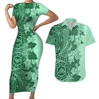 Polynesia Couples Matching Short Sleeve Bodycon Dress and Hawaiian Shirt Hibiscus and Hawaiian Tribal Tattoo Retro Style Green Color LT9 - Wonder Print Shop