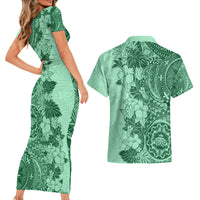 Polynesia Couples Matching Short Sleeve Bodycon Dress and Hawaiian Shirt Hibiscus and Hawaiian Tribal Tattoo Retro Style Green Color LT9 - Wonder Print Shop