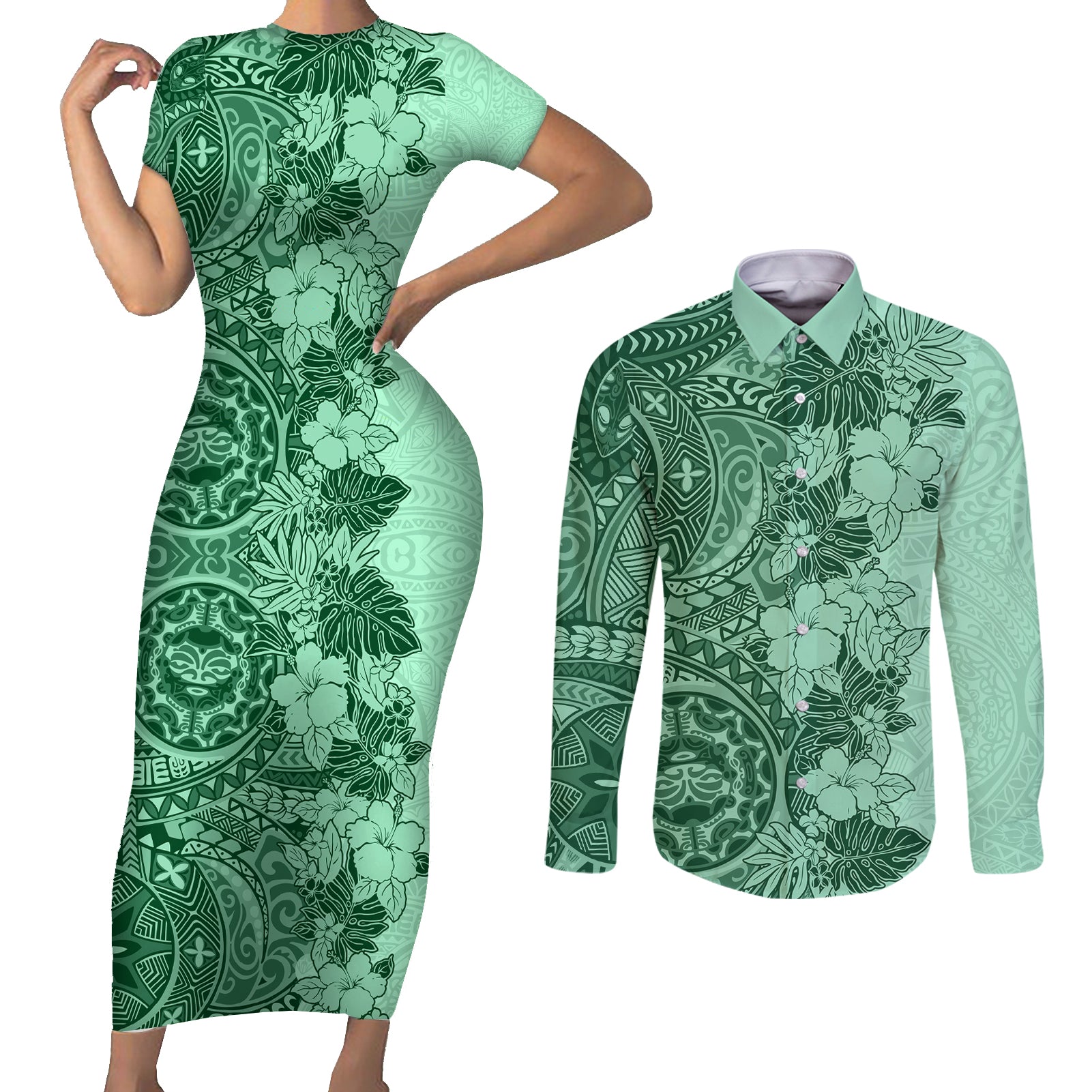 Polynesia Couples Matching Short Sleeve Bodycon Dress and Long Sleeve Button Shirt Hibiscus and Hawaiian Tribal Tattoo Retro Style Green Color LT9 - Wonder Print Shop