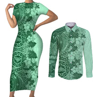Polynesia Couples Matching Short Sleeve Bodycon Dress and Long Sleeve Button Shirt Hibiscus and Hawaiian Tribal Tattoo Retro Style Green Color LT9 - Wonder Print Shop