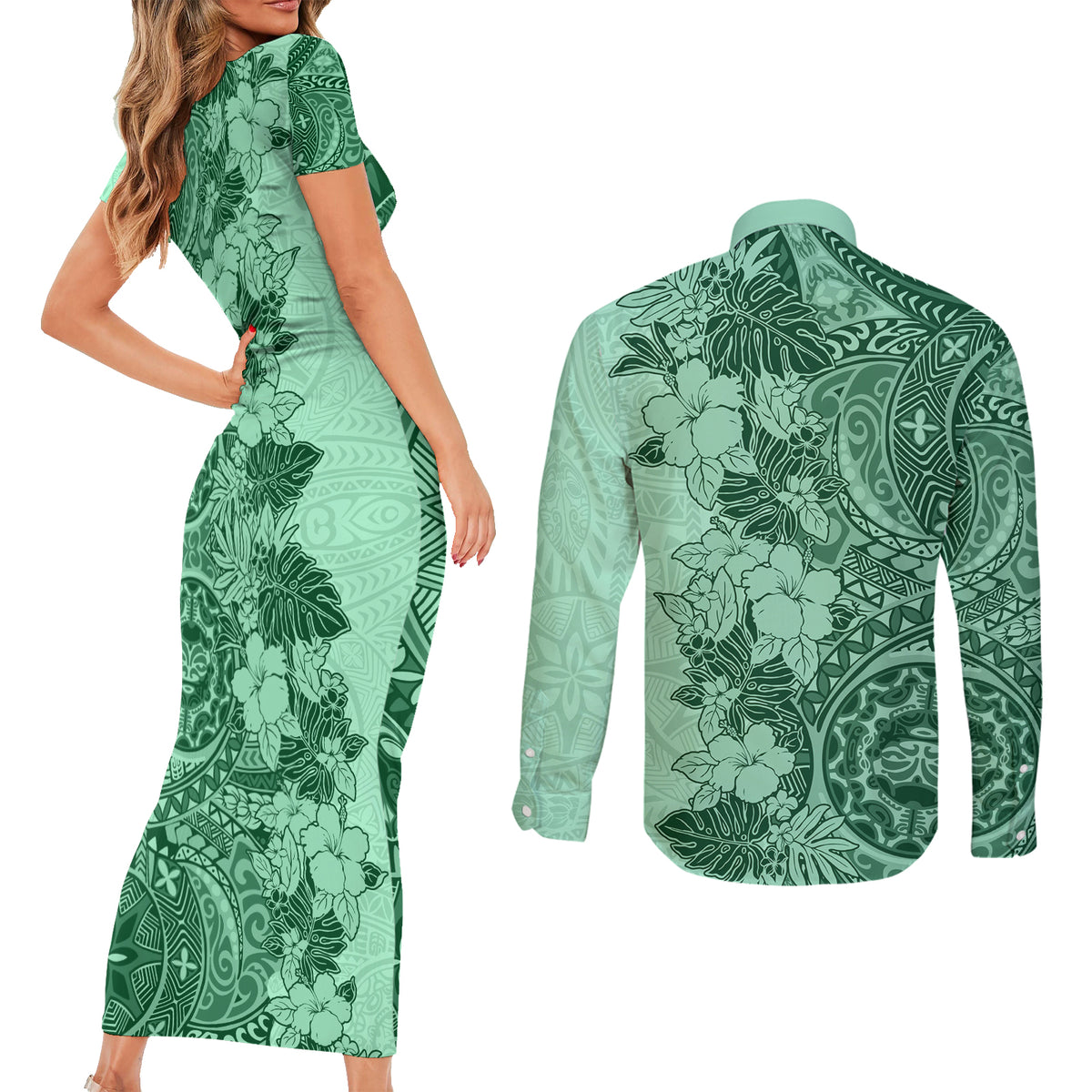 Polynesia Couples Matching Short Sleeve Bodycon Dress and Long Sleeve Button Shirt Hibiscus and Hawaiian Tribal Tattoo Retro Style Green Color LT9 - Wonder Print Shop