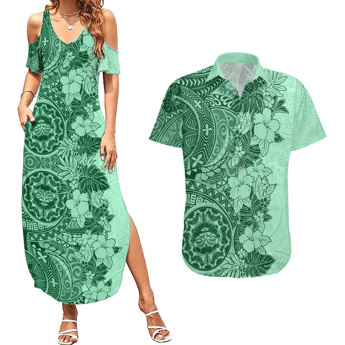 Polynesia Couples Matching Summer Maxi Dress and Hawaiian Shirt Hibiscus and Hawaiian Tribal Tattoo Retro Style Green Color LT9 - Wonder Print Shop