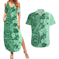 Polynesia Couples Matching Summer Maxi Dress and Hawaiian Shirt Hibiscus and Hawaiian Tribal Tattoo Retro Style Green Color LT9 - Wonder Print Shop
