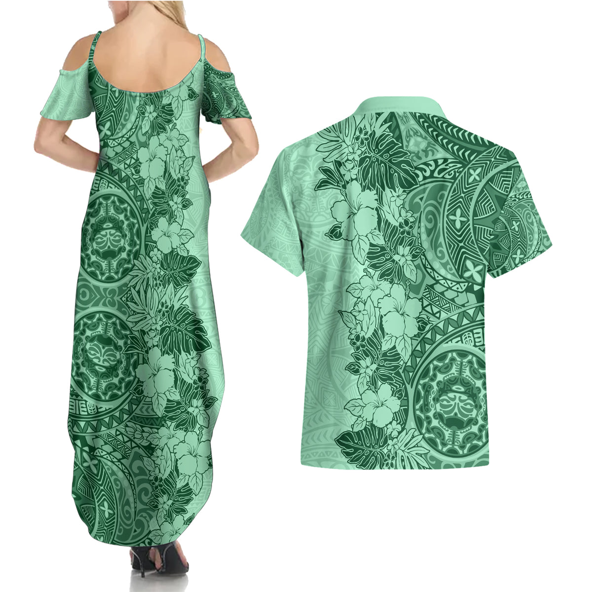 Polynesia Couples Matching Summer Maxi Dress and Hawaiian Shirt Hibiscus and Hawaiian Tribal Tattoo Retro Style Green Color LT9 - Wonder Print Shop