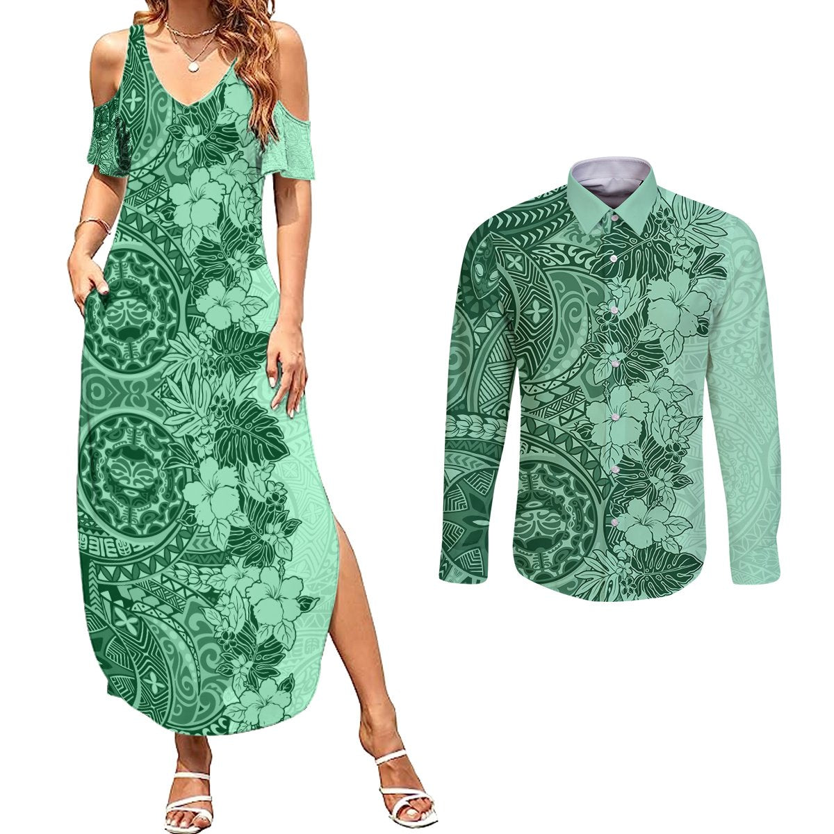 Polynesia Couples Matching Summer Maxi Dress and Long Sleeve Button Shirt Hibiscus and Hawaiian Tribal Tattoo Retro Style Green Color LT9 - Wonder Print Shop