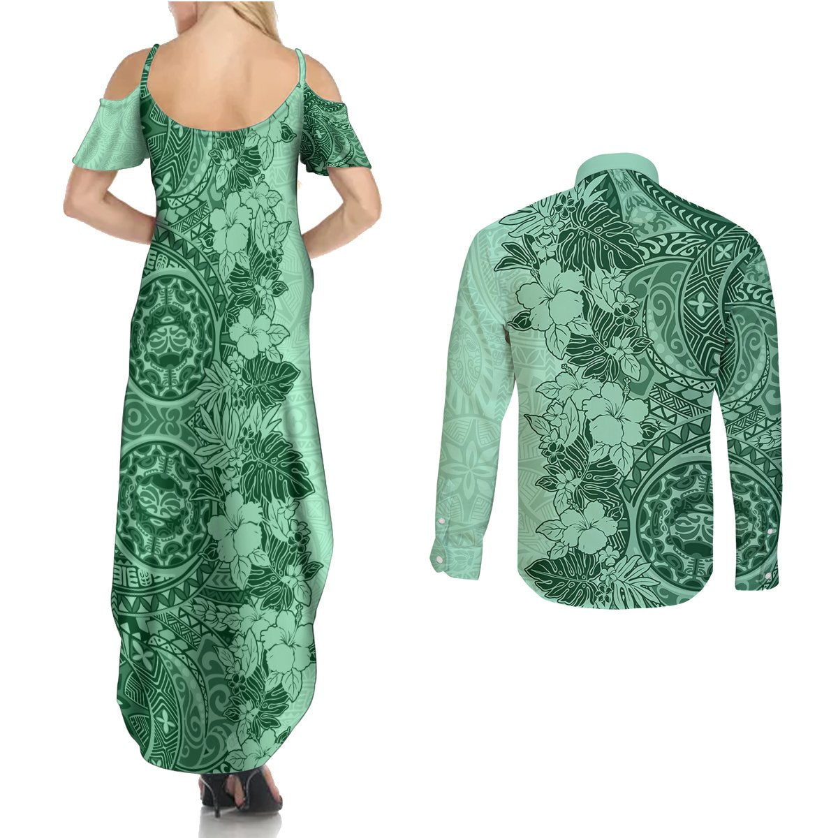 Polynesia Couples Matching Summer Maxi Dress and Long Sleeve Button Shirt Hibiscus and Hawaiian Tribal Tattoo Retro Style Green Color LT9 - Wonder Print Shop
