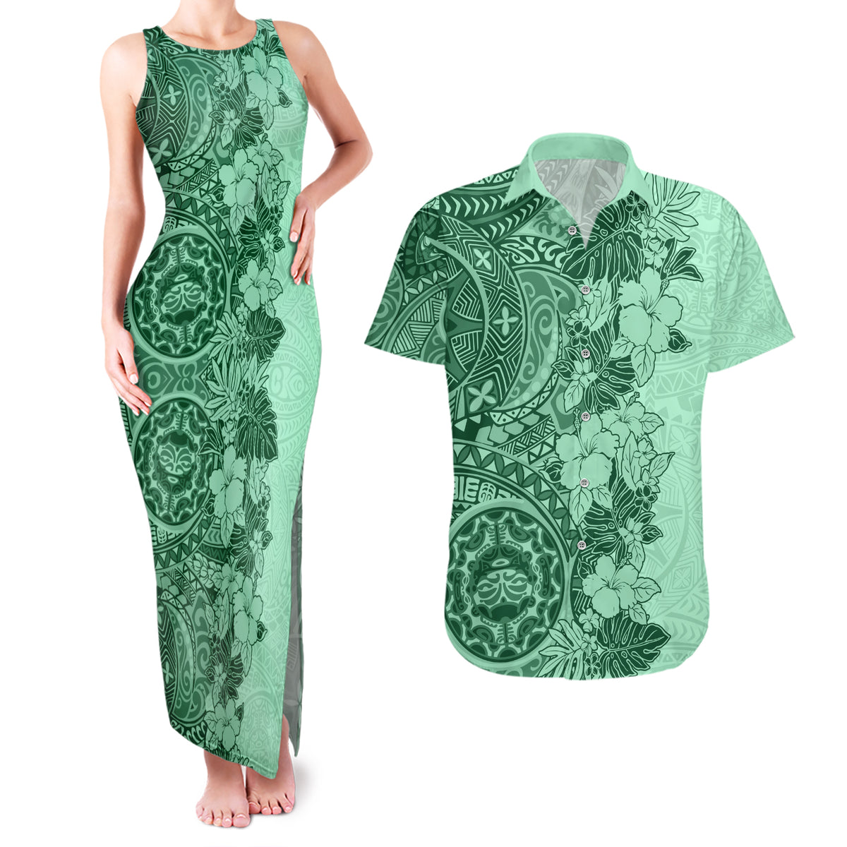Polynesia Couples Matching Tank Maxi Dress and Hawaiian Shirt Hibiscus and Hawaiian Tribal Tattoo Retro Style Green Color LT9 - Wonder Print Shop