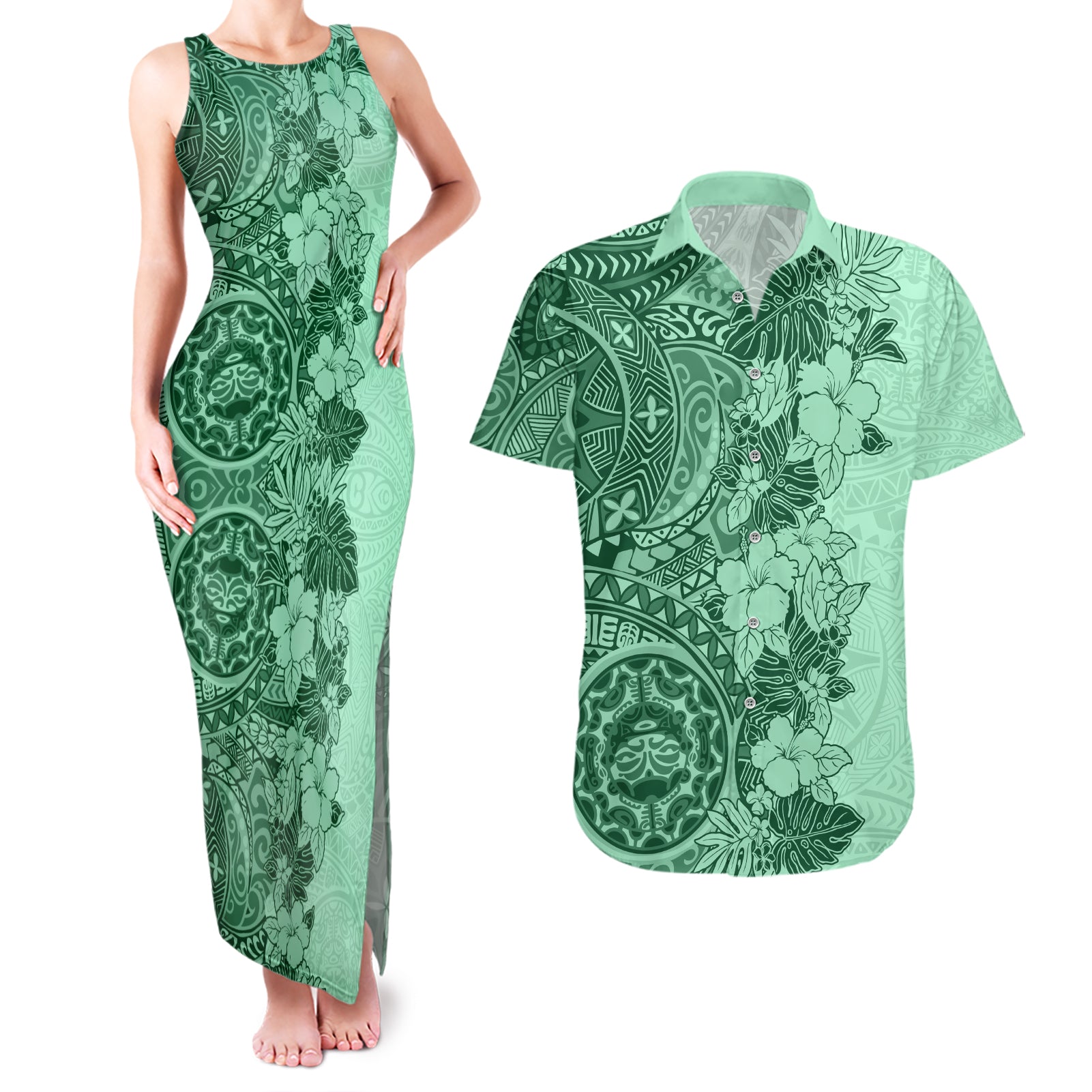 Polynesia Couples Matching Tank Maxi Dress and Hawaiian Shirt Hibiscus and Hawaiian Tribal Tattoo Retro Style Green Color LT9 - Wonder Print Shop