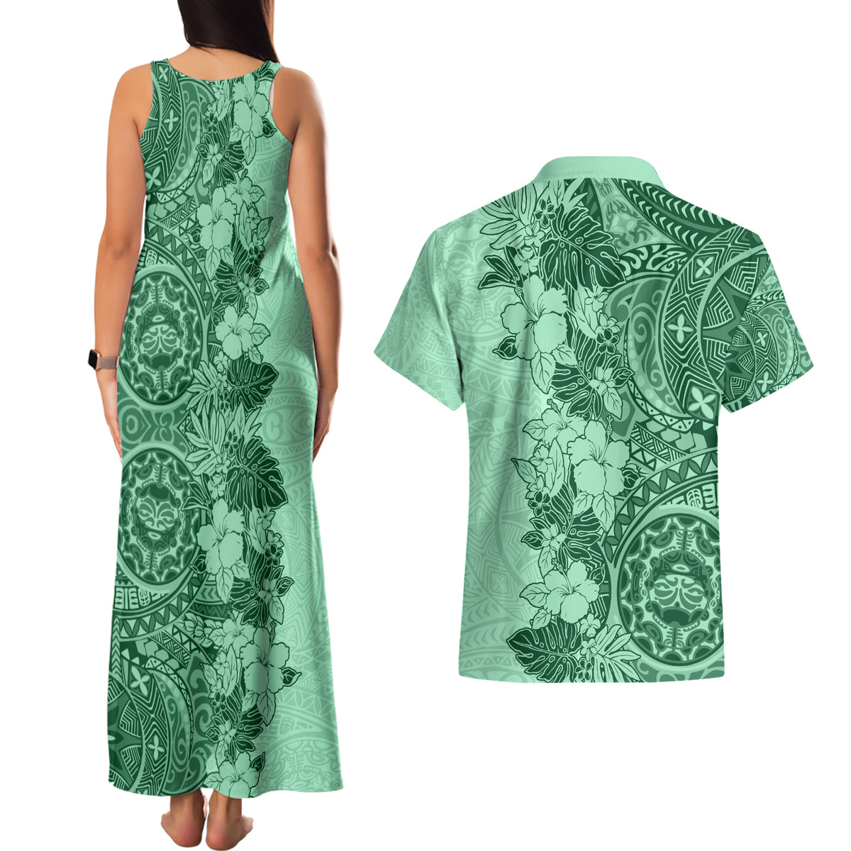 Polynesia Couples Matching Tank Maxi Dress and Hawaiian Shirt Hibiscus and Hawaiian Tribal Tattoo Retro Style Green Color LT9 - Wonder Print Shop