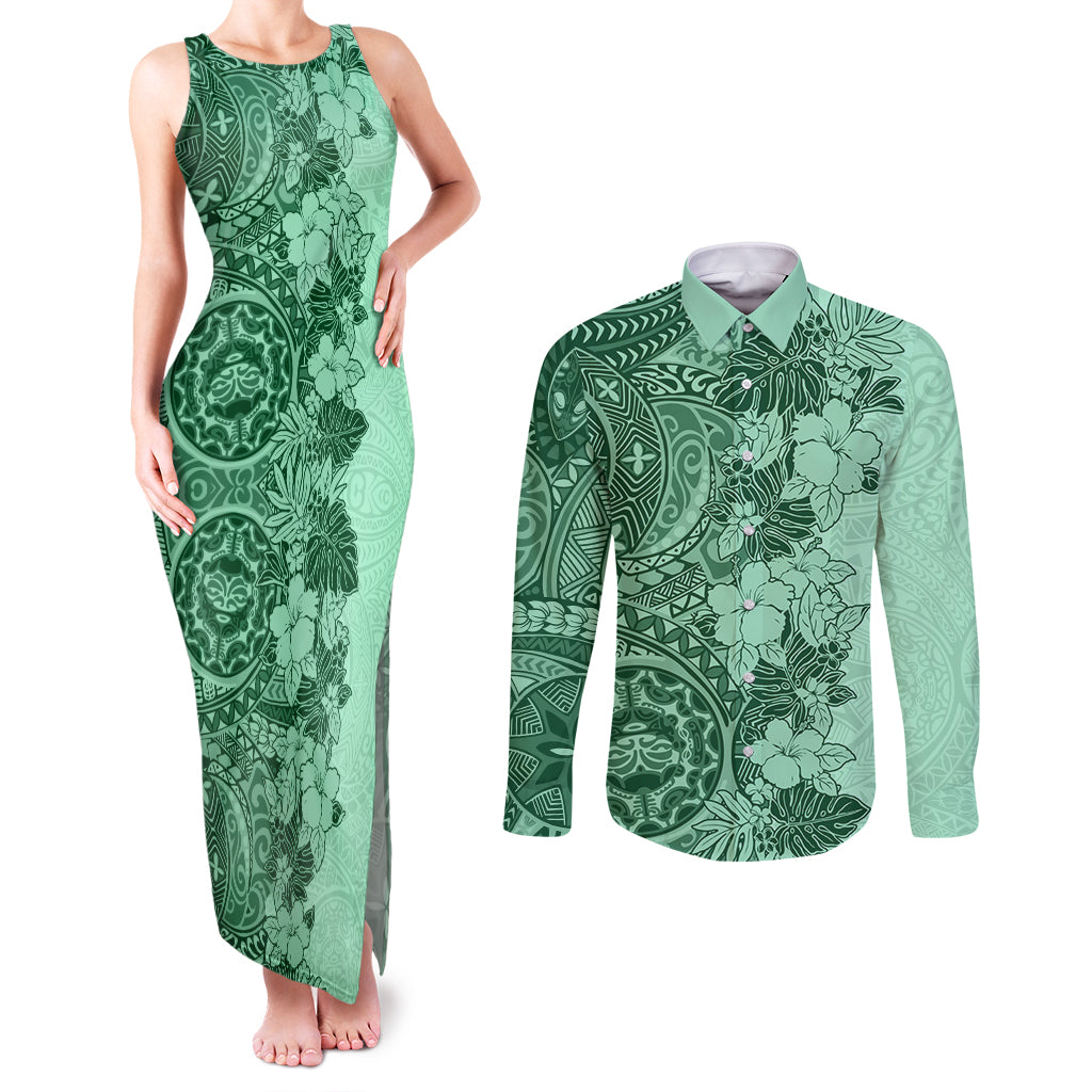Polynesia Couples Matching Tank Maxi Dress and Long Sleeve Button Shirt Hibiscus and Hawaiian Tribal Tattoo Retro Style Green Color LT9 - Wonder Print Shop