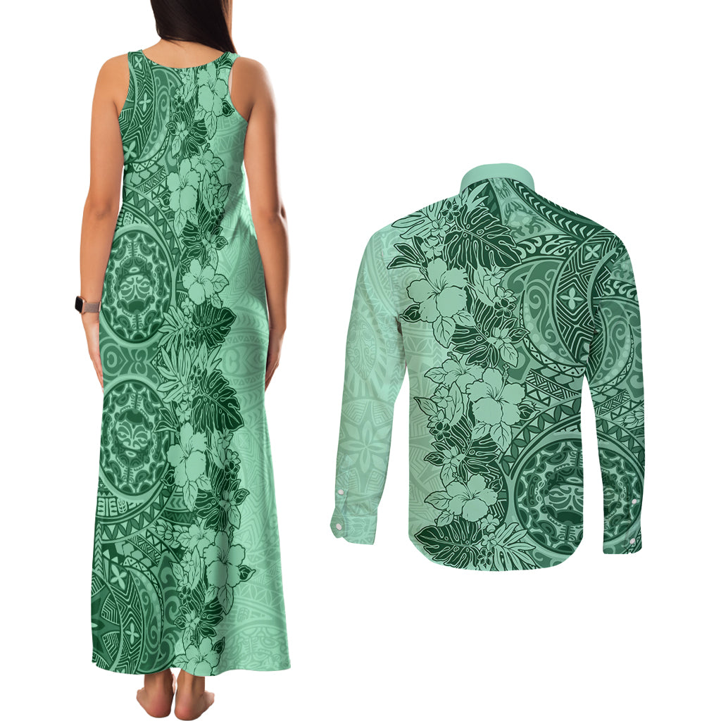 Polynesia Couples Matching Tank Maxi Dress and Long Sleeve Button Shirt Hibiscus and Hawaiian Tribal Tattoo Retro Style Green Color LT9 - Wonder Print Shop