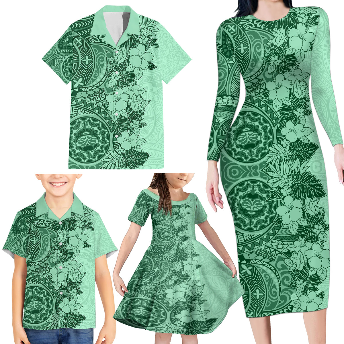 Polynesia Family Matching Long Sleeve Bodycon Dress and Hawaiian Shirt Hibiscus and Hawaiian Tribal Tattoo Retro Style Green Color LT9 - Wonder Print Shop