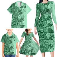 Polynesia Family Matching Long Sleeve Bodycon Dress and Hawaiian Shirt Hibiscus and Hawaiian Tribal Tattoo Retro Style Green Color LT9 - Wonder Print Shop