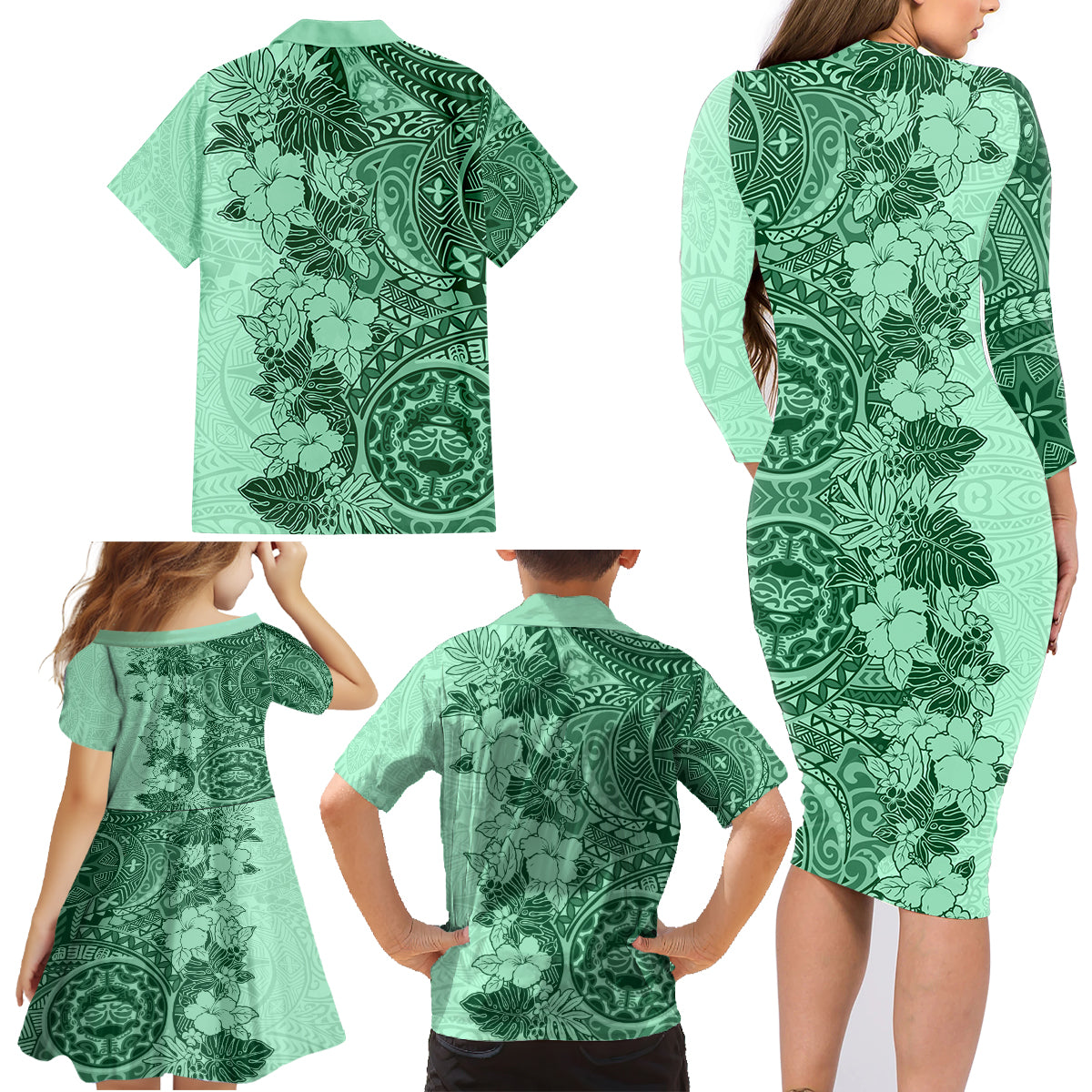 Polynesia Family Matching Long Sleeve Bodycon Dress and Hawaiian Shirt Hibiscus and Hawaiian Tribal Tattoo Retro Style Green Color LT9 - Wonder Print Shop