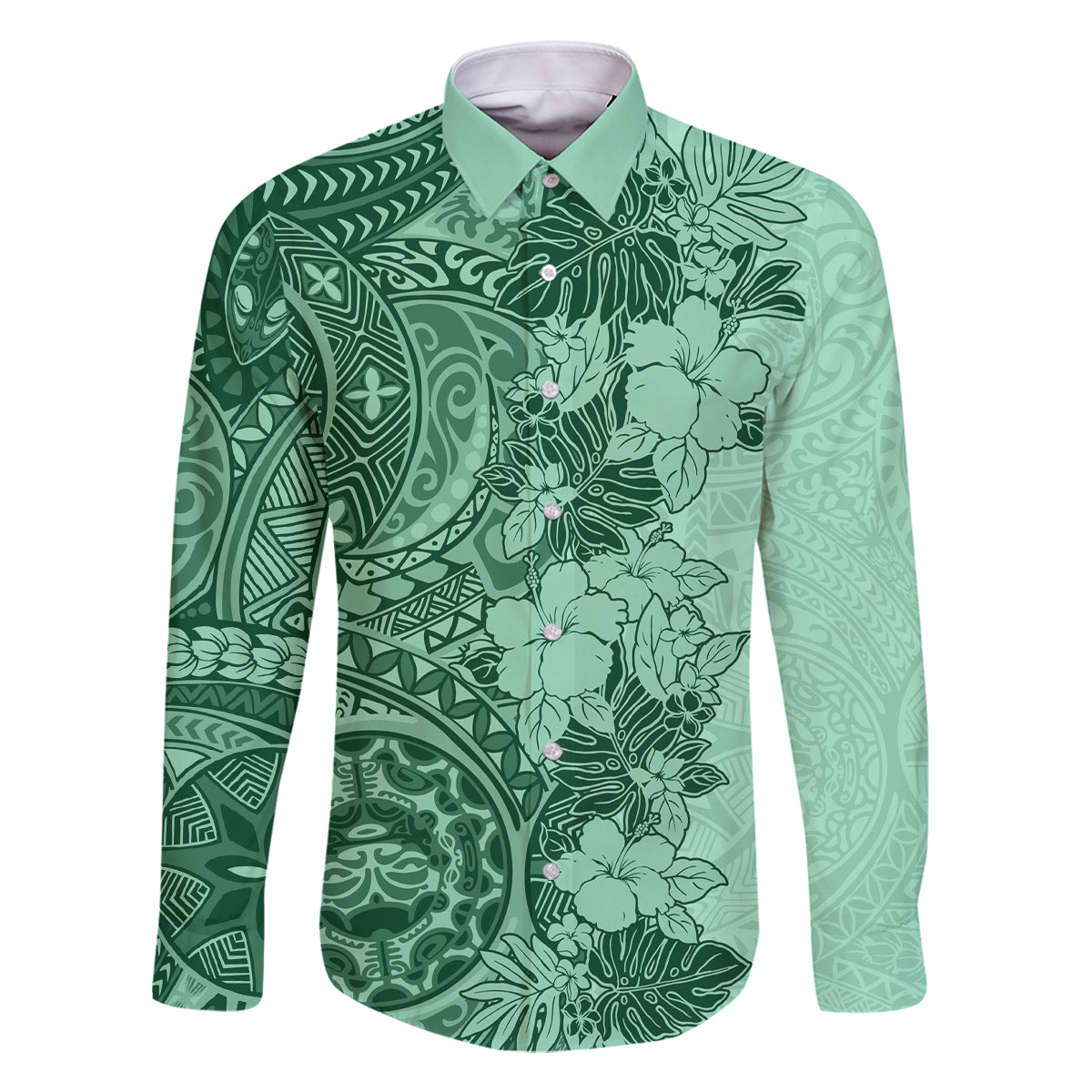 Polynesia Family Matching Long Sleeve Bodycon Dress and Hawaiian Shirt Hibiscus and Hawaiian Tribal Tattoo Retro Style Green Color LT9 - Wonder Print Shop