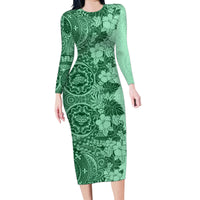 Polynesia Family Matching Long Sleeve Bodycon Dress and Hawaiian Shirt Hibiscus and Hawaiian Tribal Tattoo Retro Style Green Color LT9 - Wonder Print Shop