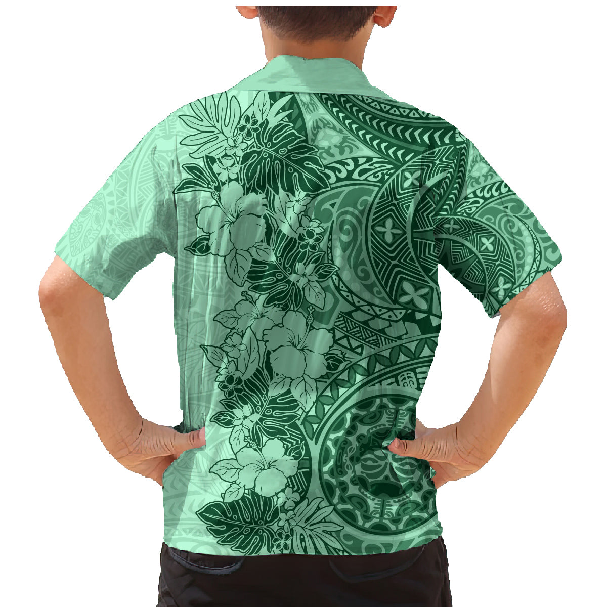 Polynesia Family Matching Mermaid Dress and Hawaiian Shirt Hibiscus and Hawaiian Tribal Tattoo Retro Style Green Color LT9 - Wonder Print Shop