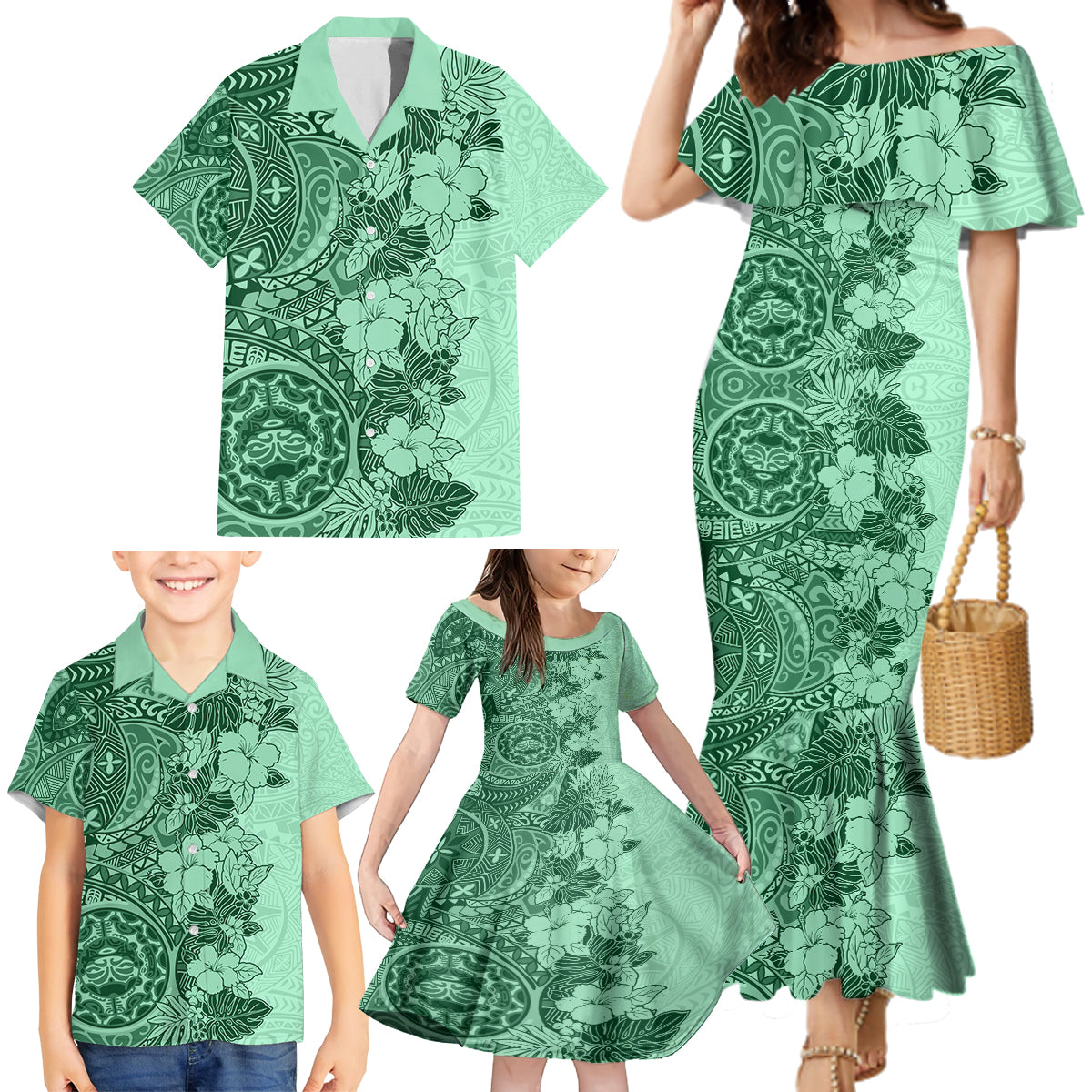 Polynesia Family Matching Mermaid Dress and Hawaiian Shirt Hibiscus and Hawaiian Tribal Tattoo Retro Style Green Color LT9 - Wonder Print Shop