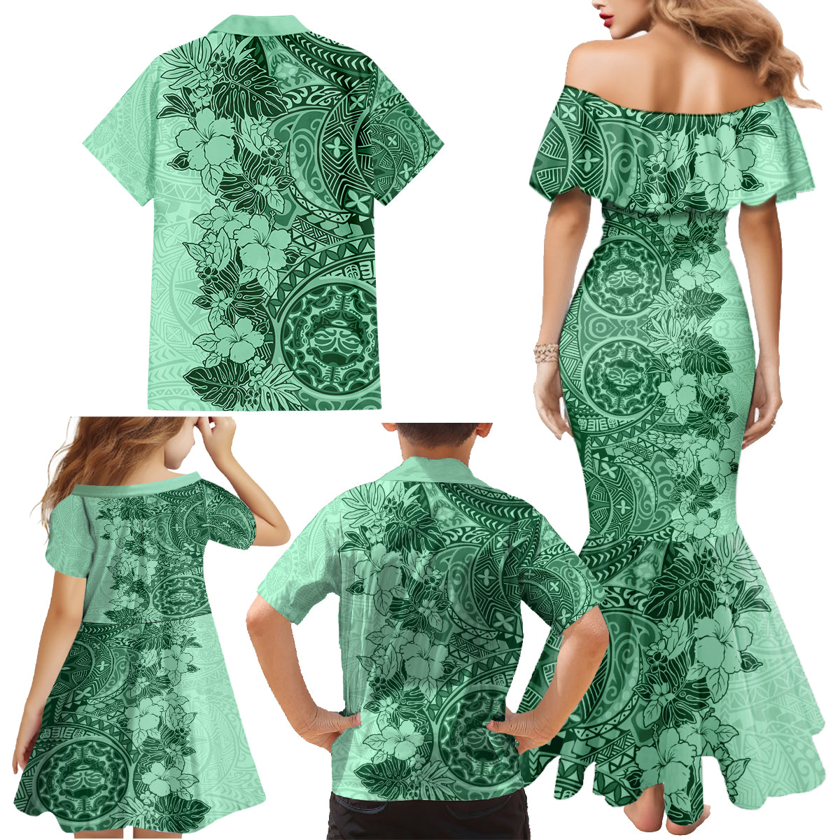 Polynesia Family Matching Mermaid Dress and Hawaiian Shirt Hibiscus and Hawaiian Tribal Tattoo Retro Style Green Color LT9 - Wonder Print Shop