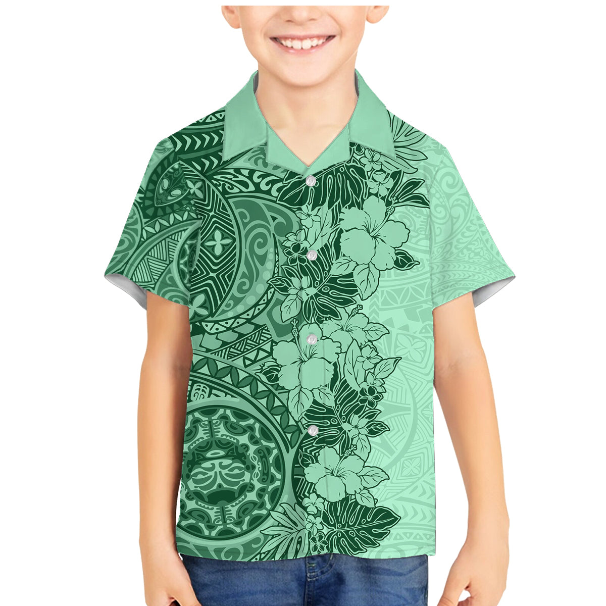Polynesia Family Matching Mermaid Dress and Hawaiian Shirt Hibiscus and Hawaiian Tribal Tattoo Retro Style Green Color LT9 - Wonder Print Shop
