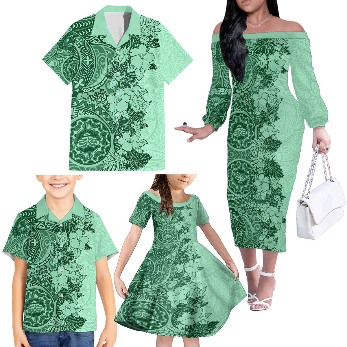 Polynesia Family Matching Off Shoulder Long Sleeve Dress and Hawaiian Shirt Hibiscus and Hawaiian Tribal Tattoo Retro Style Green Color - Wonder Print Shop