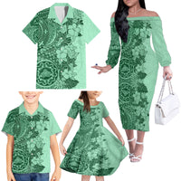 Polynesia Family Matching Off Shoulder Long Sleeve Dress and Hawaiian Shirt Hibiscus and Hawaiian Tribal Tattoo Retro Style Green Color - Wonder Print Shop