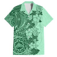 Polynesia Family Matching Off Shoulder Long Sleeve Dress and Hawaiian Shirt Hibiscus and Hawaiian Tribal Tattoo Retro Style Green Color - Wonder Print Shop
