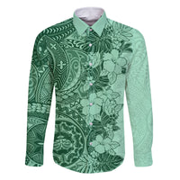 Polynesia Family Matching Off Shoulder Long Sleeve Dress and Hawaiian Shirt Hibiscus and Hawaiian Tribal Tattoo Retro Style Green Color - Wonder Print Shop