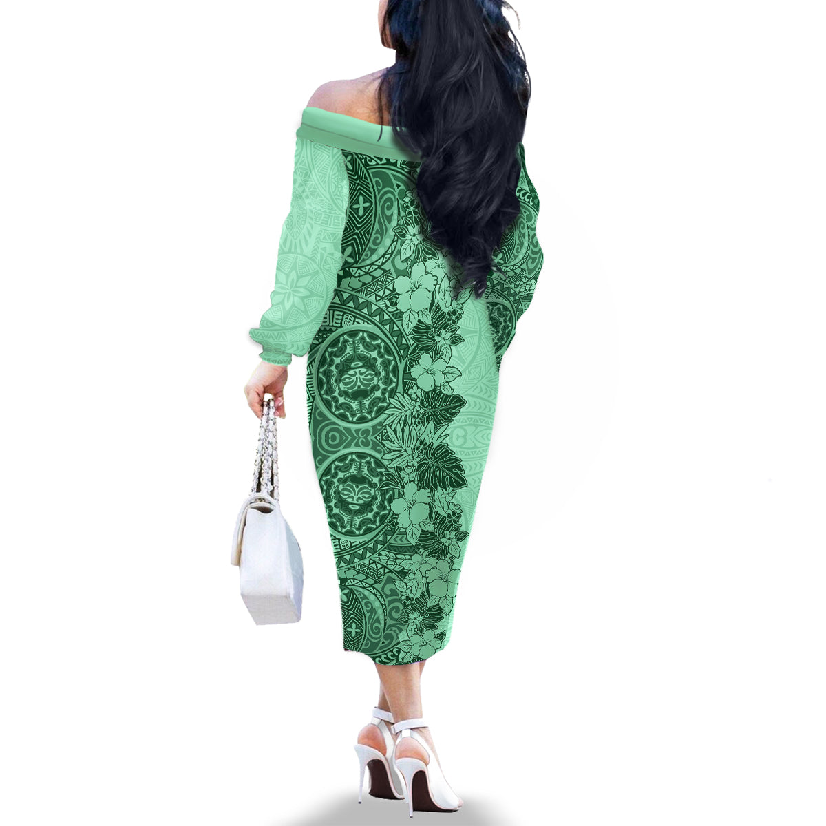 Polynesia Family Matching Off Shoulder Long Sleeve Dress and Hawaiian Shirt Hibiscus and Hawaiian Tribal Tattoo Retro Style Green Color - Wonder Print Shop