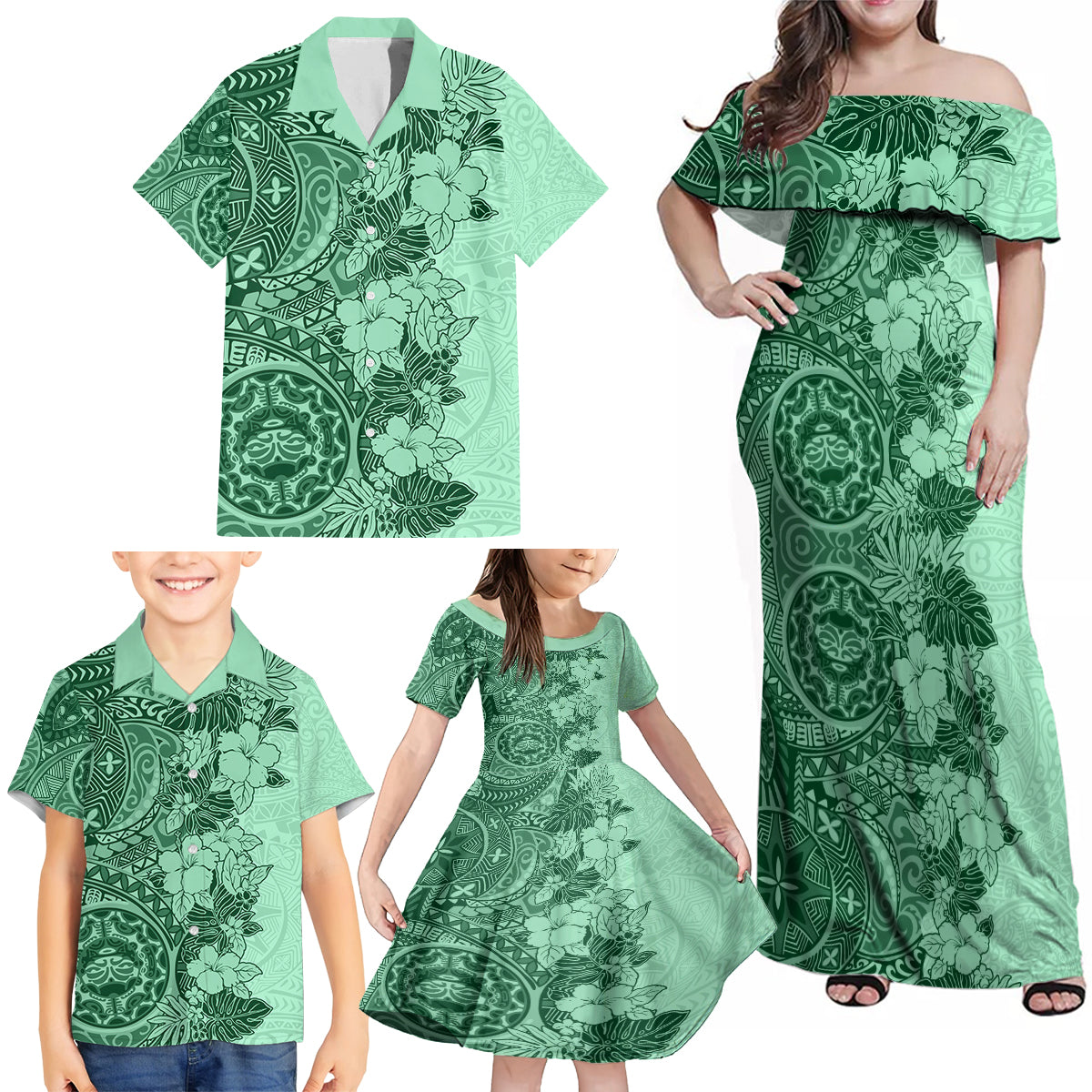 Polynesia Family Matching Off Shoulder Maxi Dress and Hawaiian Shirt Hibiscus and Hawaiian Tribal Tattoo Retro Style Green Color LT9 - Wonder Print Shop
