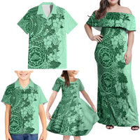Polynesia Family Matching Off Shoulder Maxi Dress and Hawaiian Shirt Hibiscus and Hawaiian Tribal Tattoo Retro Style Green Color LT9 - Wonder Print Shop