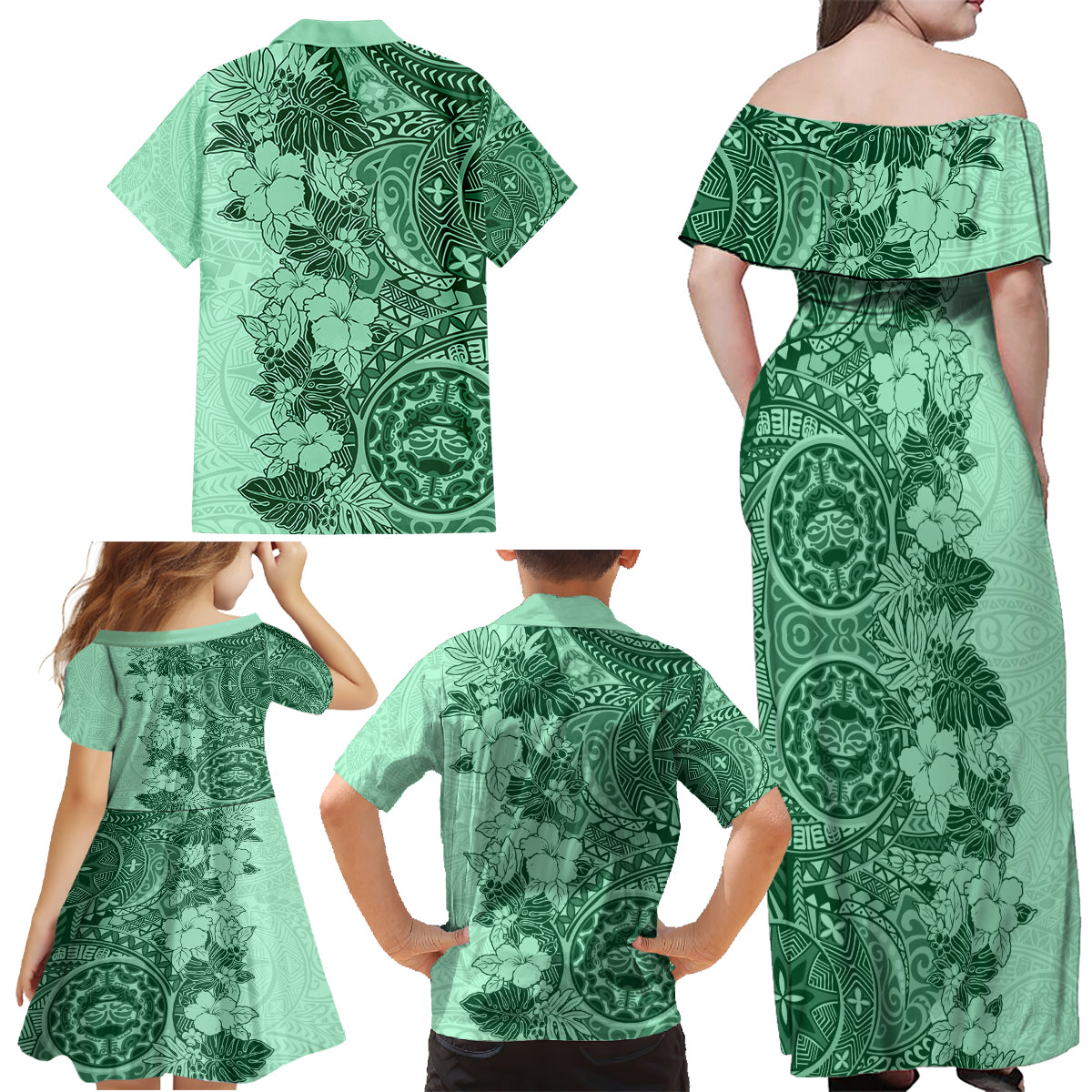 Polynesia Family Matching Off Shoulder Maxi Dress and Hawaiian Shirt Hibiscus and Hawaiian Tribal Tattoo Retro Style Green Color LT9 - Wonder Print Shop