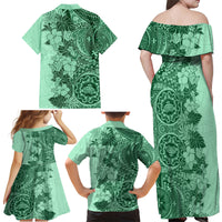 Polynesia Family Matching Off Shoulder Maxi Dress and Hawaiian Shirt Hibiscus and Hawaiian Tribal Tattoo Retro Style Green Color LT9 - Wonder Print Shop
