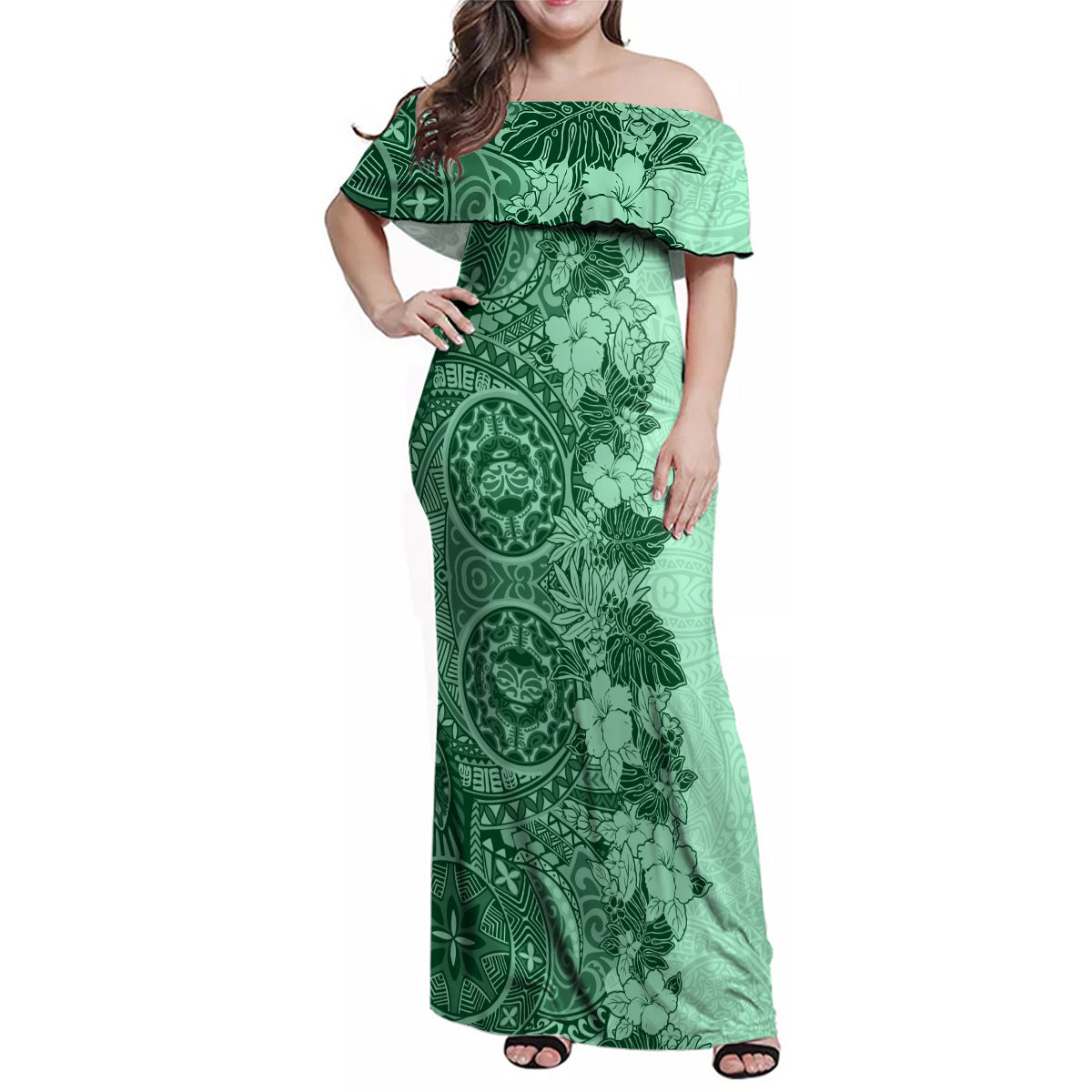 Polynesia Family Matching Off Shoulder Maxi Dress and Hawaiian Shirt Hibiscus and Hawaiian Tribal Tattoo Retro Style Green Color LT9 - Wonder Print Shop