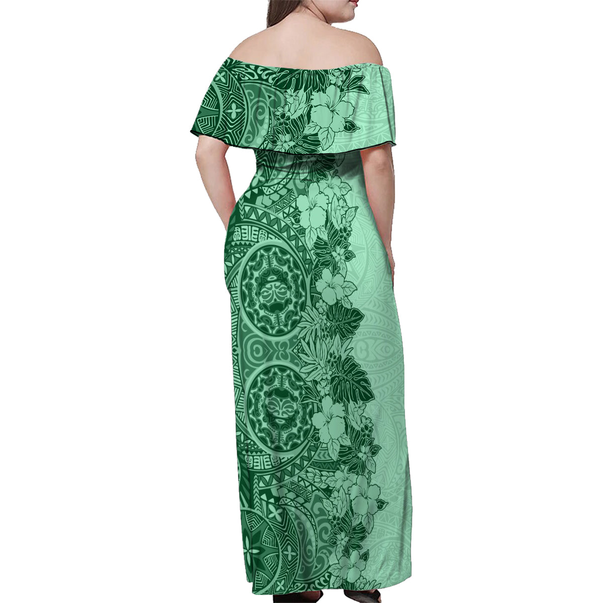 Polynesia Family Matching Off Shoulder Maxi Dress and Hawaiian Shirt Hibiscus and Hawaiian Tribal Tattoo Retro Style Green Color LT9 - Wonder Print Shop