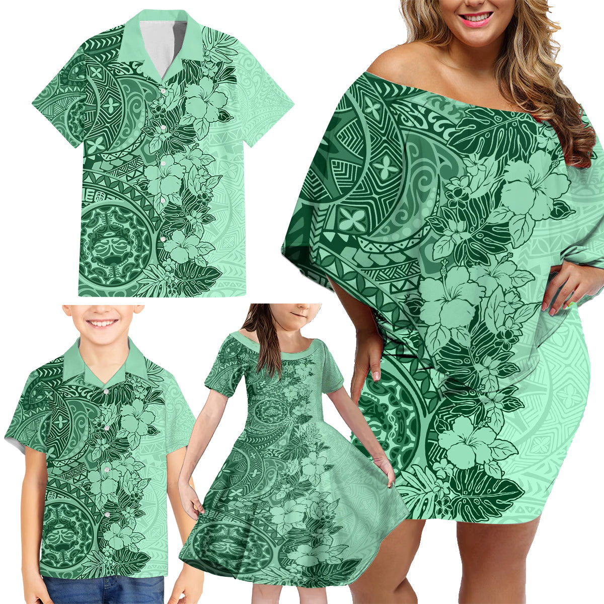 Polynesia Family Matching Off Shoulder Short Dress and Hawaiian Shirt Hibiscus and Hawaiian Tribal Tattoo Retro Style Green Color LT9 - Wonder Print Shop